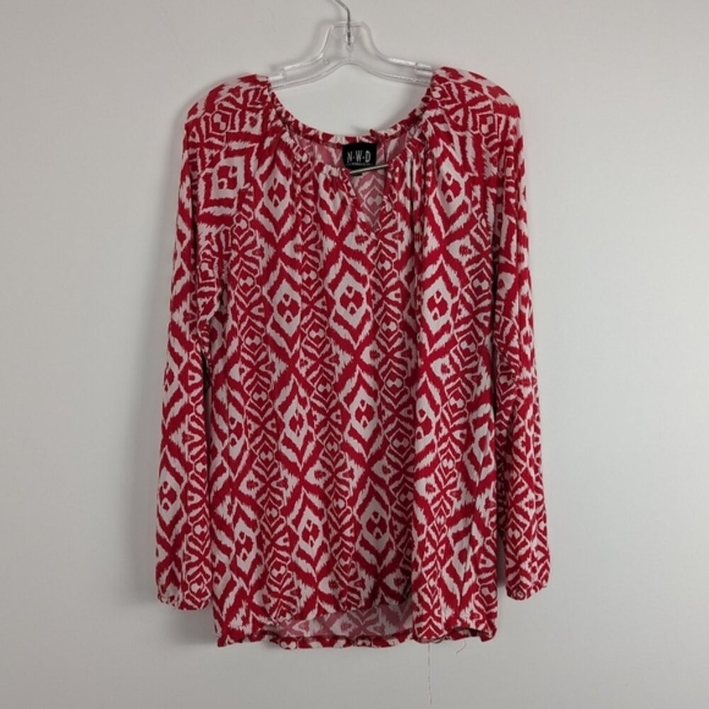 N.W.D Women's Geometric Print Peasant Blouse in Red and White - Extra Large